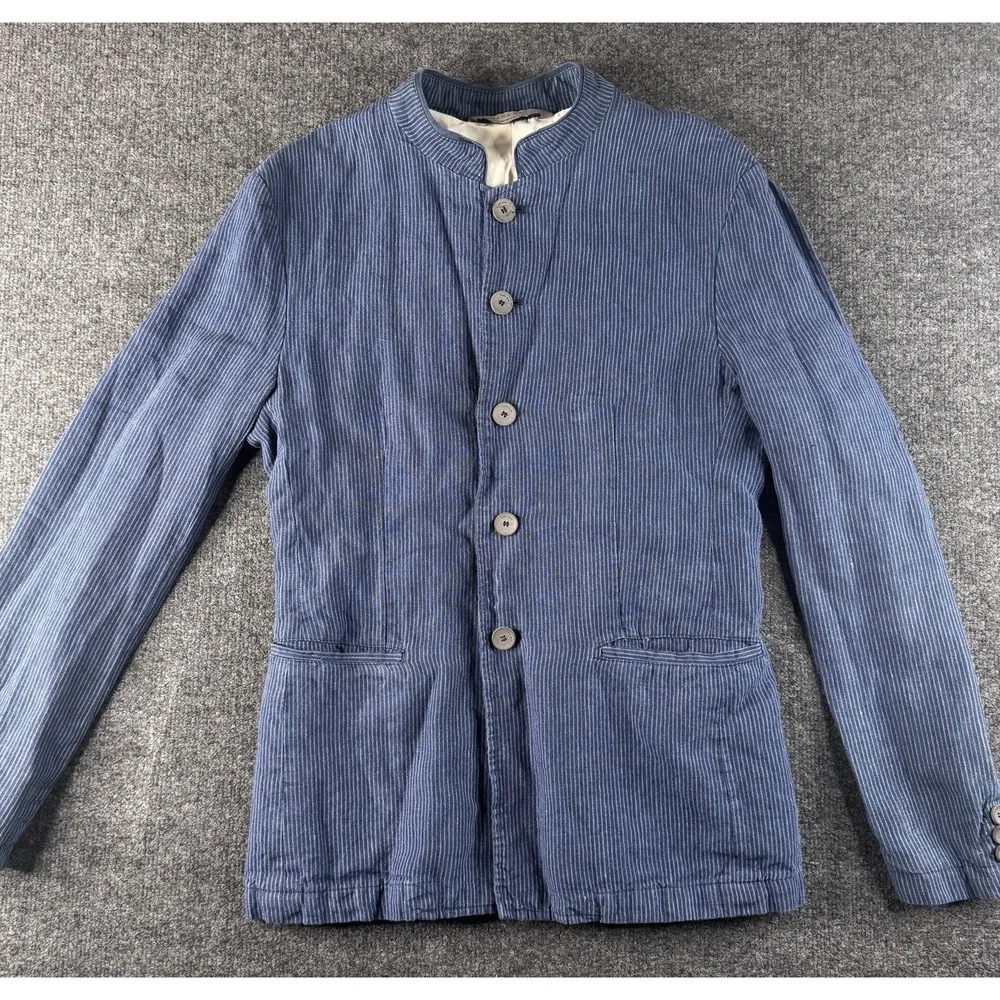 Zara Man Linen Blend Jacket Blue Pinstripe EUR 46 USA 36 Five Button
